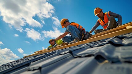Construction workers install new roofs, roofing tools and fall protection devices. Apply to new roofRoof repair, Specialist in Roof Forming, is the Replacement of roof plates - obrazy, fototapety, plakaty