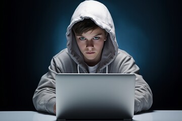 A masked and hooded hacker intently typing on a laptop, attempting to breach computer systems amid a dark backdrop of mysterious neon smoke. Generative AI.