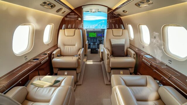 Animation private jet cabin with luxurious leather seats. seamless 4k video background. generated with ai