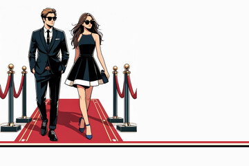 Flat Style Vector Illustration of Rich Celebrities on the Red Carpet, Red Carpet Elegance: Celebrities Walking in Flat Style Illustration, Flat style rich and beautiful stars