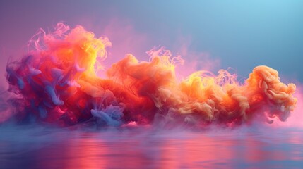 a colorful cloud of smoke floating in the air over a body of water with a blue sky in the background.