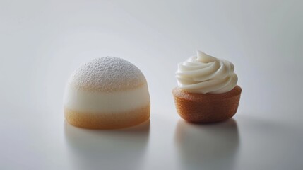  a white frosted cupcake next to a cupcake with a white frosted cupcake on top of it.