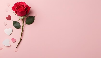 Red rose with cut out hearts on pink background with copy space