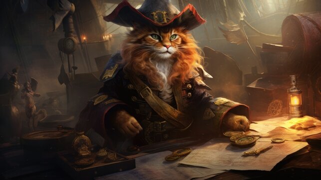 A pirate cat with an eyepatch, holding a tiny treasure map.