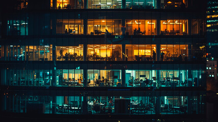 Night Dedication: Workers laboring late into the night against the majestic reflection of a tall building. Generative AI