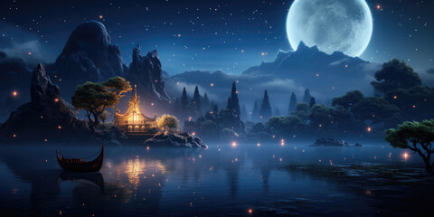 Magical fantasy fairy tale scenery, night in a forest