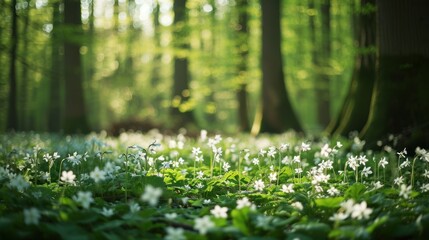  a forest filled with lots of green trees and white wildflowers in the middle of a lush green forest filled with lots of trees and white wildflowers.