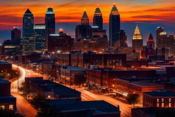 Fototapeta na wymiar Against the canvas of a dusky sky, the Kansas City skyline stands tall and proud, a beacon of urban life. The city lights flicker to life
