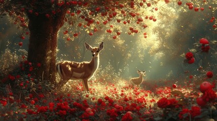 Fototapeta premium a couple of deer standing next to each other in a forest filled with red flowers and a forest filled with lots of trees.