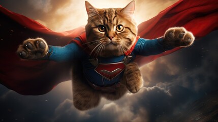 A superhero cat flying through the air with a determined expression.