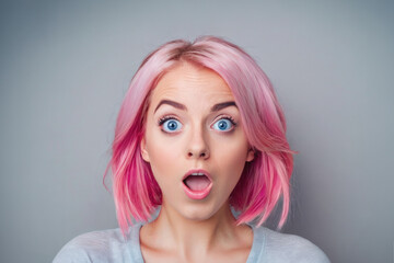 Naklejka premium Portrait of attractive amazed girl with pink hair on gray background