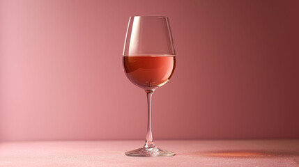  a close up of a wine glass with a liquid inside of it on a table with a pink wall in the background.