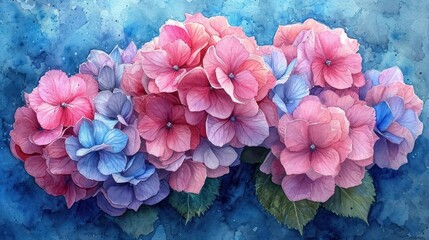  a painting of pink and blue petunias on a blue watercolourl background, with green leaves. - obrazy, fototapety, plakaty