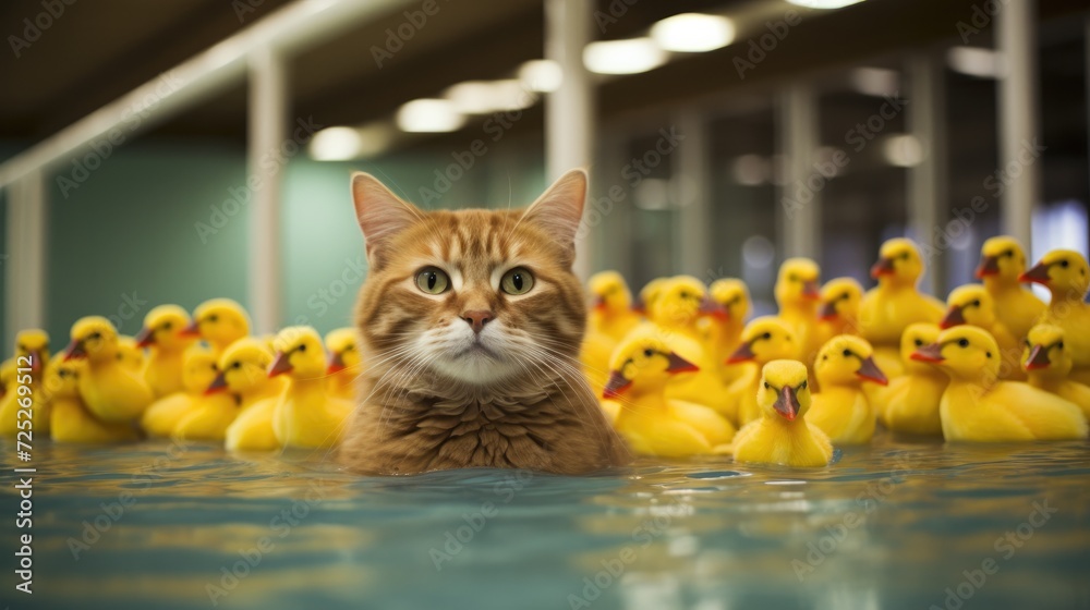 Poster A lifeguard cat watching over a group of rubber duckies in a pool.
