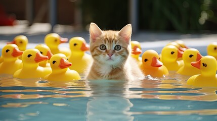 A lifeguard cat watching over a group of rubber duckies in a pool. - obrazy, fototapety, plakaty