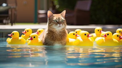 A lifeguard cat watching over a group of rubber duckies in a pool. - obrazy, fototapety, plakaty