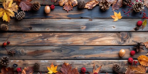 Festive fall foliage, pumpkins, and gourds background frame on rustic wooden vintage floor. Autumn wallpaper with space for text.