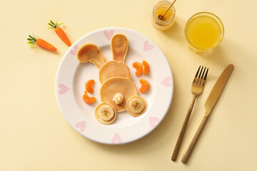 Funny Easter bunny pancakes with banana and glass of orange juice on yellow background
