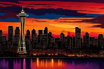 Against the backdrop of a fiery sunset, the Seattle waterfront skyline stands as a silhouette against the vibrant colors of the sky. The Puget Sound glows with the last remnants of daylight