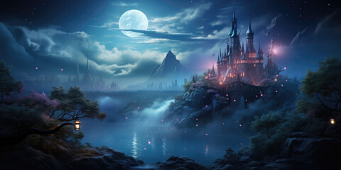 Magical fantasy fairy tale scenery, night in a forest