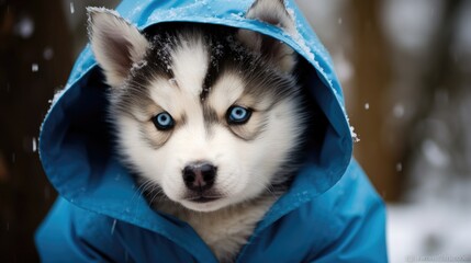 A proud husky pup with striking blue eyes and a fluffy coat.