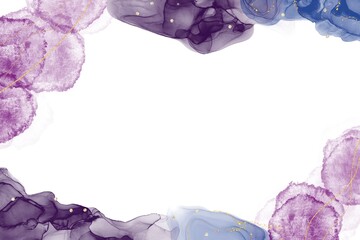 アルコールインクアートと水彩と金色グリッターの抽象背景バナー）紫・青