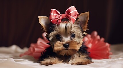 A playful Yorkshire terrier pup with a stylish bow on its head.