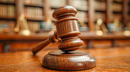 Law theme, mallet of judge, wooden gavel on the table - obrazy, fototapety, plakaty