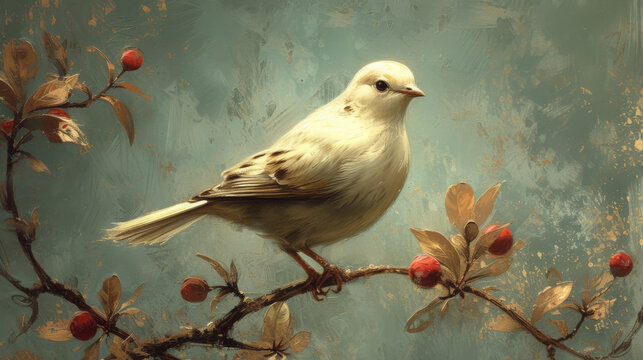 Artistic Retro Composition with Bird and Flowering Branch