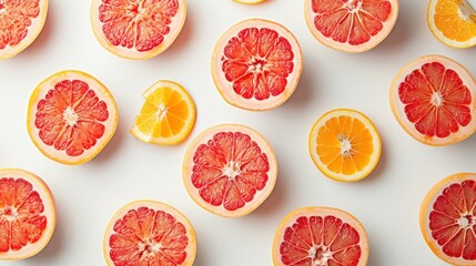  a group of grapefruits cut in half on a white surface with other grapefruits in the background.