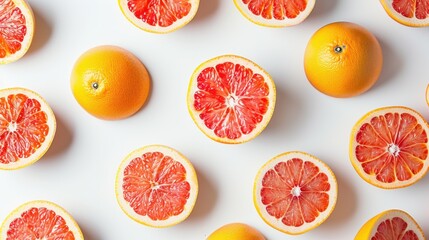  a group of grapefruits cut in half on a white surface with other grapefruits in the background.