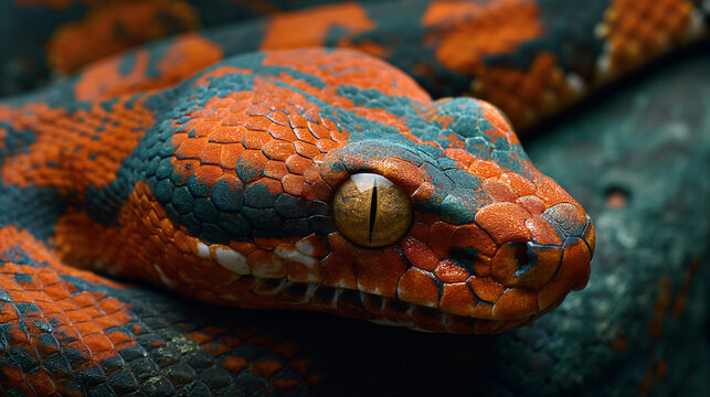 Deadly snake looking into the camera. Exotic snake look at you. Snake eyes. Reptile predator. Aggressive snake face close up. Beautiful abstract wallpaper
