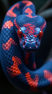 Deadly snake looking into the camera. Exotic snake look at you. Snake eyes. Reptile predator. Aggressive snake face close up. Beautiful abstract wallpaper