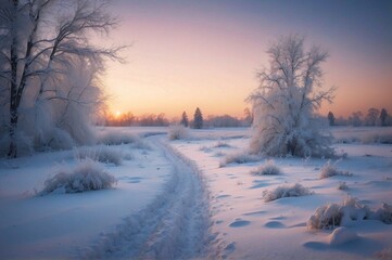 Obraz premium Beautiful view of Winter landscape at sunset