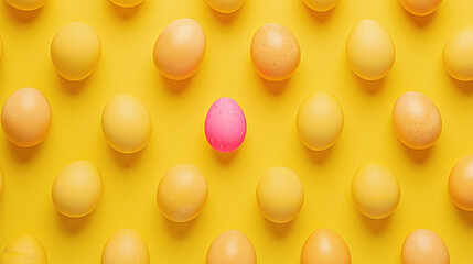  a group of eggs with one pink egg in the middle of a row of yellow eggs on a yellow background.