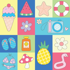 cute colorful vibrant summer seamless pattern hand draw with summer elements, textiles, clothing, wrapping paper, cover, banner, home decor, abstract backgrounds vector illustration