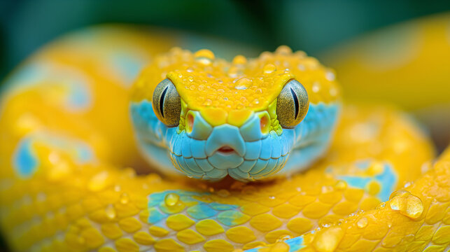 Deadly snake looking into the camera. Exotic snake look at you. Snake eyes. Reptile predator. Aggressive snake face close up. Beautiful abstract wallpaper