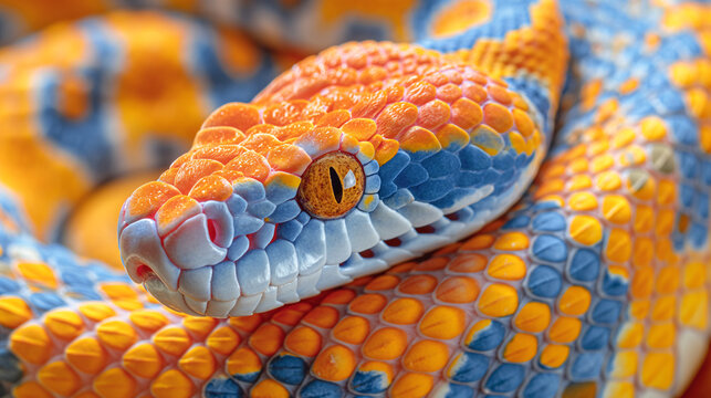 Deadly snake looking into the camera. Exotic snake look at you. Snake eyes. Reptile predator. Aggressive snake face close up. Beautiful abstract wallpaper