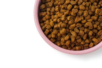 Bowl with dry pet food isolated on white background