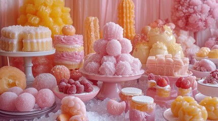  a table topped with cakes and desserts covered in powdered sugar and frosted raspberry toppings.