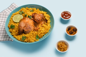 Bowl of traditional chicken biryani with spices on blue background