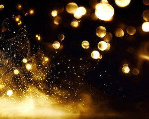 Glitter golden light with smoke and bokeh on a black background