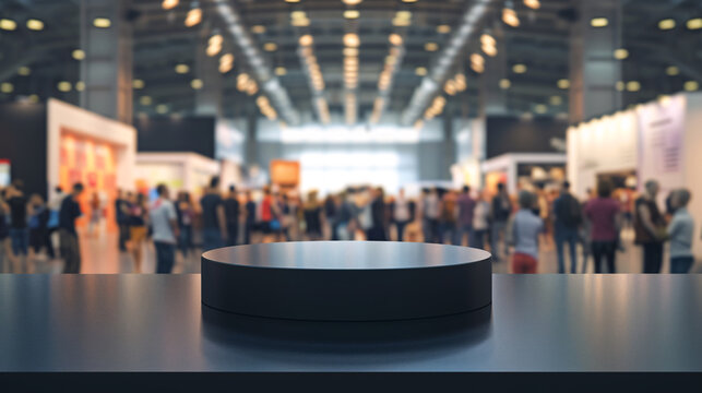 Blurred background of a bustling trade show with visitors and exhibition stands, foreground showcasing an empty display stand ready for products.