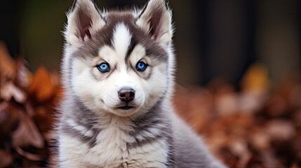 Obraz premium A proud husky pup with striking blue eyes and a fluffy coat.