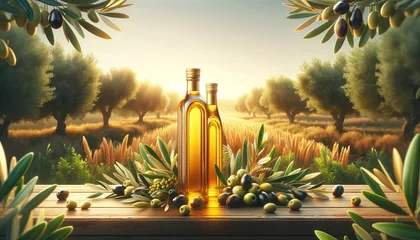 Fototapeten golden olive oil bottles with olive leaves and fruits, set in the middle of a rural olive © eric.rodriguez