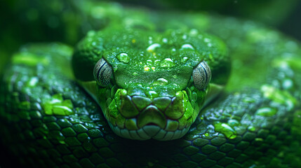 Fototapeta premium Deadly snake looking into the camera. Exotic snake look at you. Snake eyes. Reptile predator. Aggressive snake face close up. Beautiful abstract wallpaper