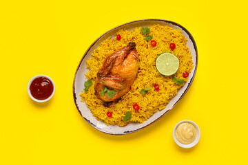 Plate of traditional chicken biryani on yellow background