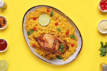 Plate of traditional chicken biryani with ingredients on yellow background