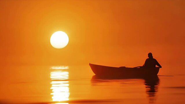 Silhouetted person rowing a boat on calm water against an orange sunset sky, reflecting tranquility and peaceful solitude