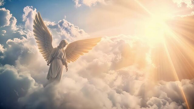 Statuesque angel with outstretched wings hovering above clouds with radiant sunlight, symbolizing hope, spirituality, or divine presence